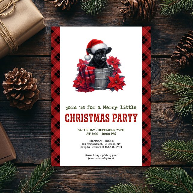 Convite Watercolor black highland cow in bucket Christmas (Watercolor black highland cow in bucket Christmas Invitation)