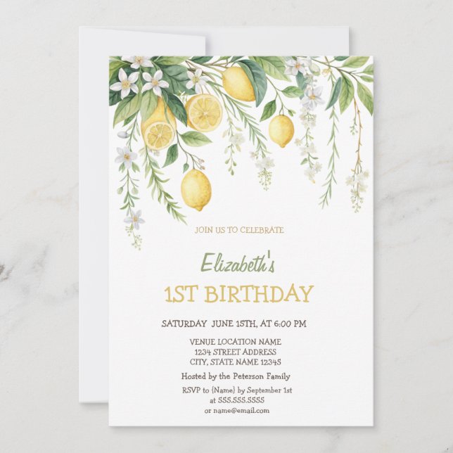 Convite Watercolor Blooming Lemons Birthday  (Frente)