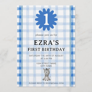 Convite Watercolor Blue Check Koala Birthday Invitation