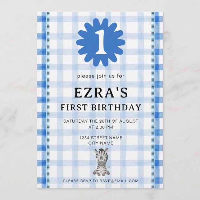 Convite Watercolor Blue Check Koala Birthday Invitation (Frente)