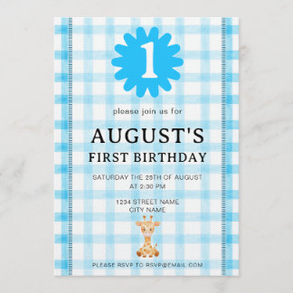 Convite Watercolor Blue Check Koala Birthday Invitation