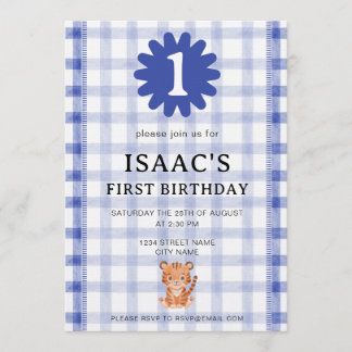 Convite Watercolor Blue Check Tiger Birthday Invitation