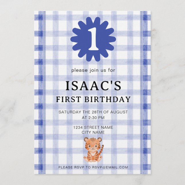 Convite Watercolor Blue Check Tiger Birthday Invitation (Frente)