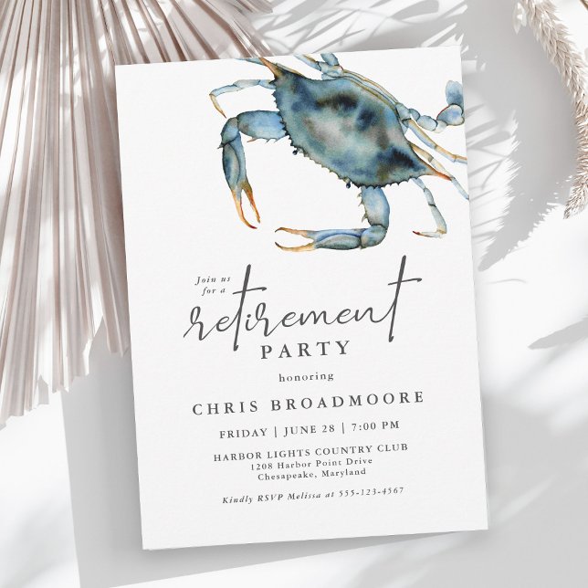 Convite Watercolor Blue Crab Seafood Retirement Party (Available as printed and paperless digital download!)