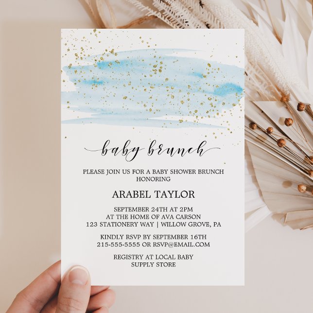 Convite Watercolor Blue & Dourado Sparkle Baby Brunch (Criador carregado)