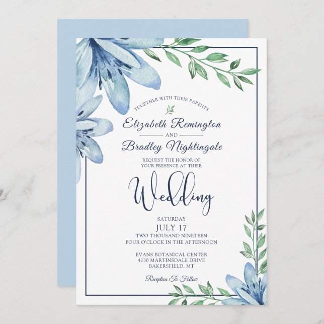 Convite Watercolor Blue Floral Bloom & Greenery Weds (Frente/Verso)