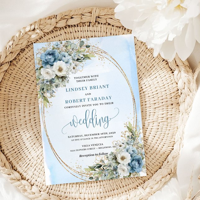 Convite Watercolor Blue Floral Greenery Gold Wedding Invit (Watercolor Blue Floral Greenery Gold Wedding Invite)
