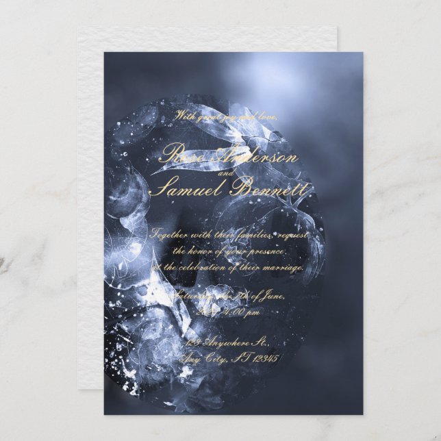 Convite Watercolor Blue Floral Monogram Wedding Invitation (Frente/Verso)