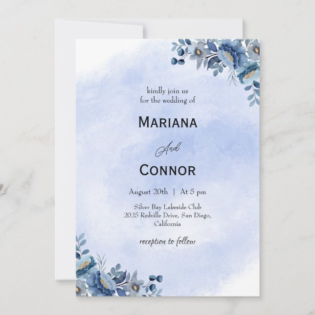 Convite Watercolor Blue Floral Wedding Invitation (Frente)