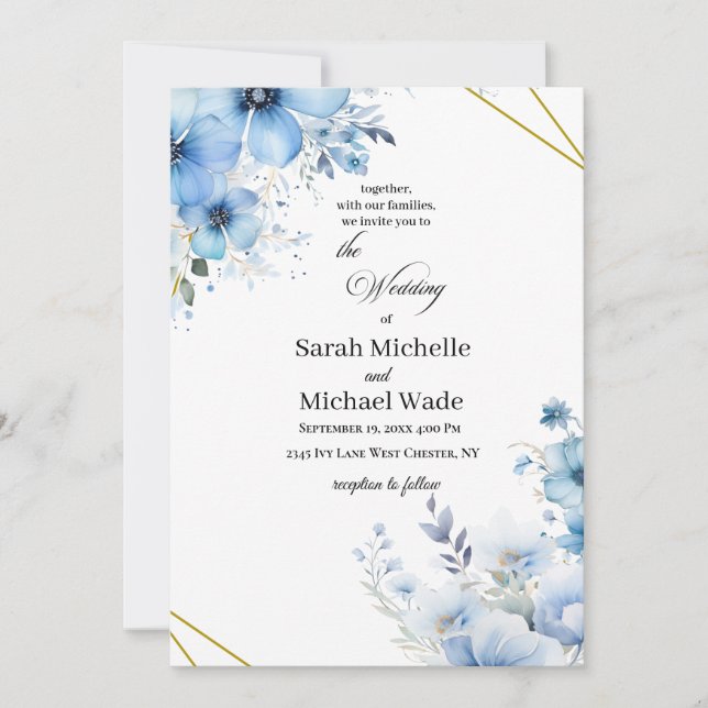Convite Watercolor blue floral Wedding Invitation (Frente)