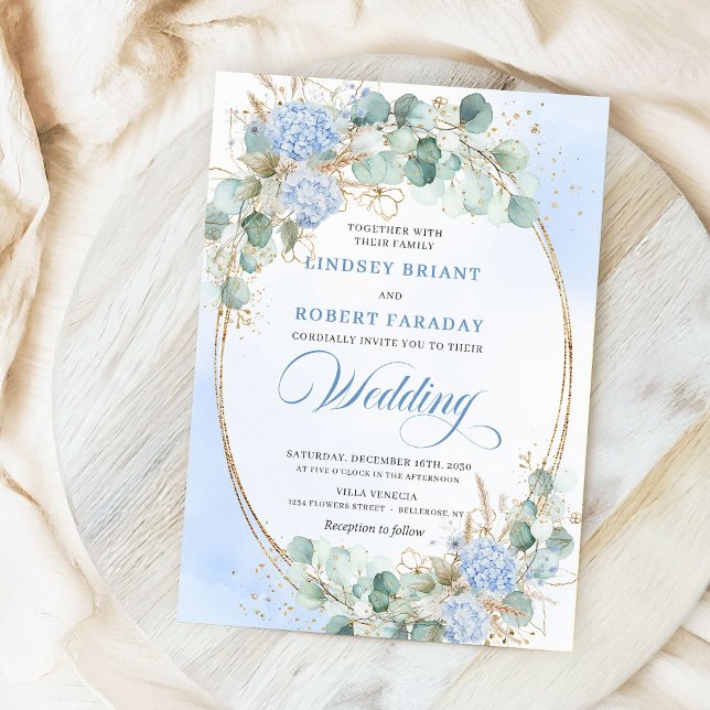 Convite Watercolor Blue Floral Wheat Gold Wedding Invites (Watercolor Blue Floral Wheat Gold Wedding Invitation)