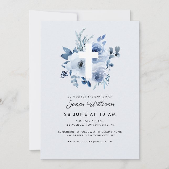 Convite Watercolor blue florals Baptism invitation (Frente)