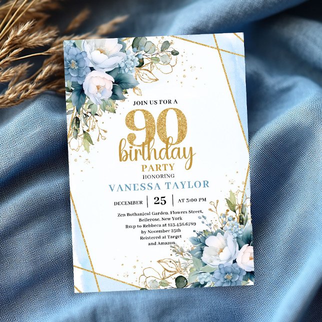 Convite Watercolor Blue Flowers 90th Birthday Elegant  (Watercolor Blue Flowers 90th Birthday Elegant Party Invite

)