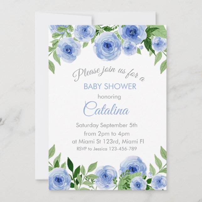 Convite Watercolor Blue Flowers Baby Shower Invitation (Frente)