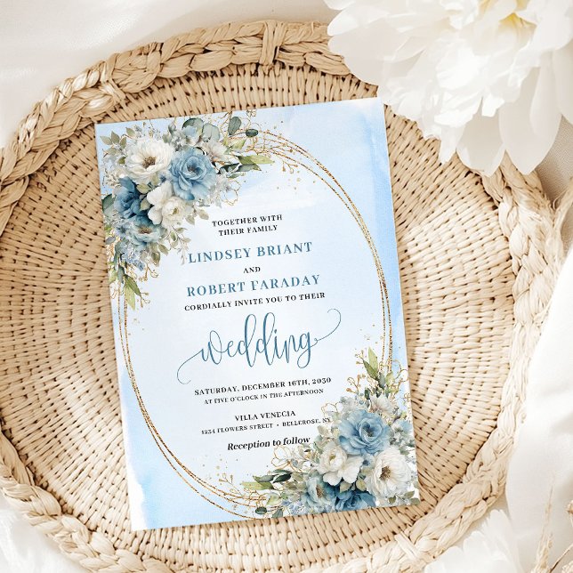 Convite Watercolor Blue Flowers Eucalyptus Gold Wedding  (Watercolor Blue Flowers Eucalyptus Gold Wedding Invite)