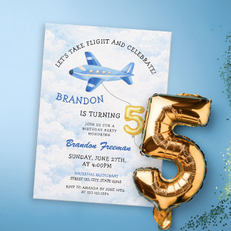 Convite Watercolor Blue & Gold Airplane 5th Birthday