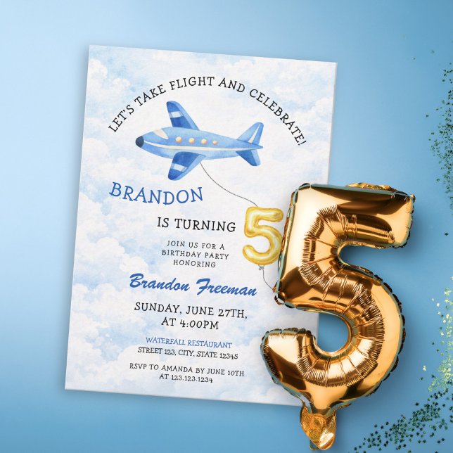 Convite Watercolor Blue & Gold Airplane 5th Birthday (Criador carregado)