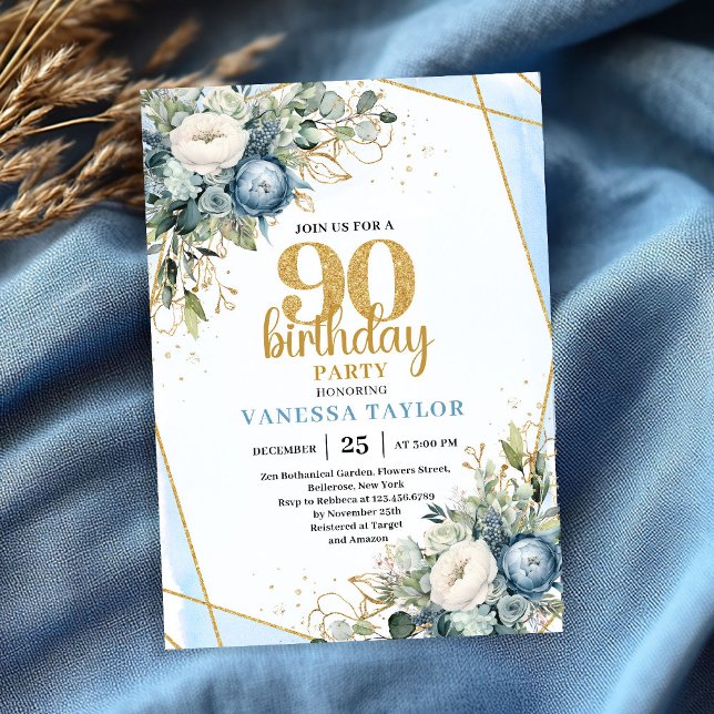 Convite Watercolor Blue Gold Luxe 90th Birthday Invitation (Watercolor Blue Gold Luxe 90th Birthday Invitation)