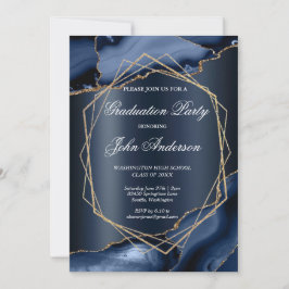 Convite Watercolor Blue Gold Marble Graduation Party