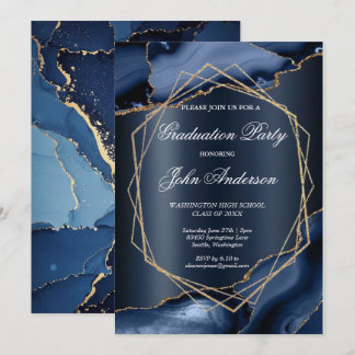 Convite Watercolor Blue Gold Marble Graduation Party