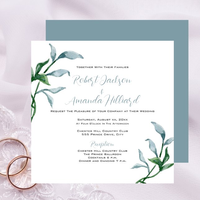 Convite Watercolor Blue Green deixa casamento legante (Watercolor Blue Green Leaves Elegant Wedding Invitation)