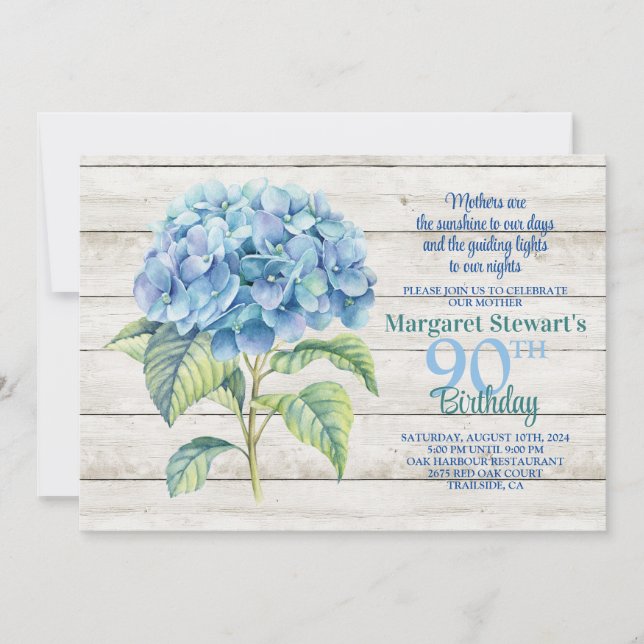 Convite Watercolor Blue Hydrangea 90 Birthday (Frente)
