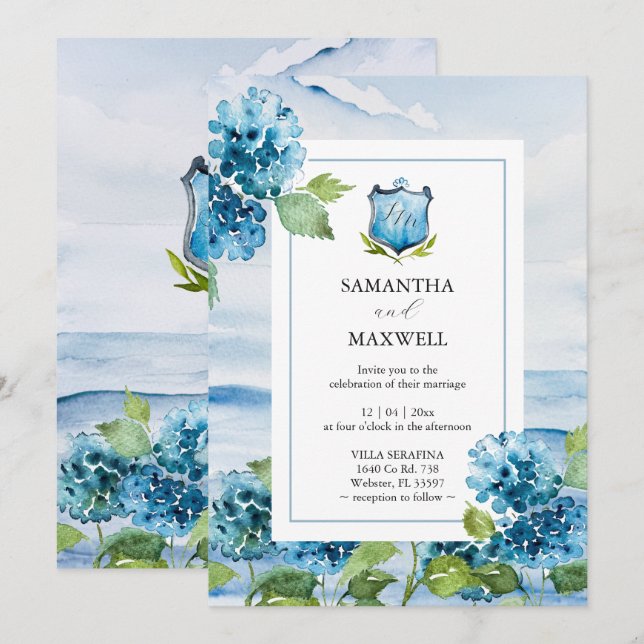 Convite Watercolor Blue Hydrangea Wedding Invitation (Frente/Verso)