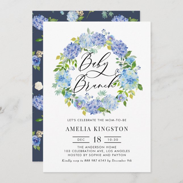 Convite Watercolor Blue Hydrangea Wreath Baby Brunch (Frente/Verso)