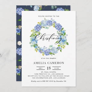Convite Watercolor Blue Hydrangea Wreath Christening