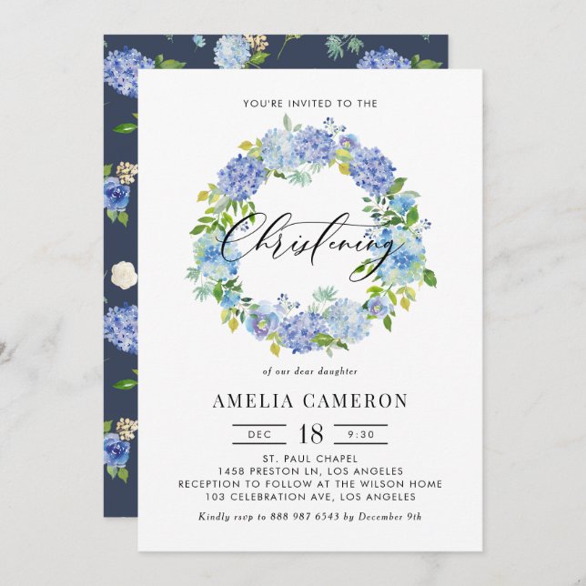 Convite Watercolor Blue Hydrangea Wreath Christening (Frente/Verso)