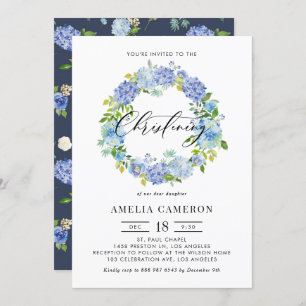 Convite Watercolor Blue Hydrangea Wreath Christening
