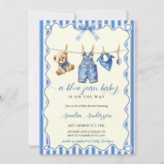 Convite Watercolor Blue Jean Baby Teddy Bear Baby Shower