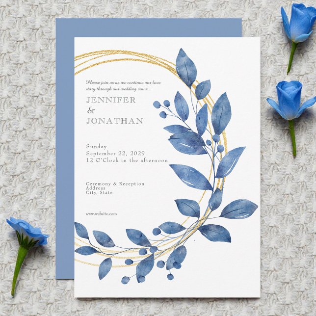 Convite Watercolor Blue Leaves Gold Wedding Invitation (Criador carregado)