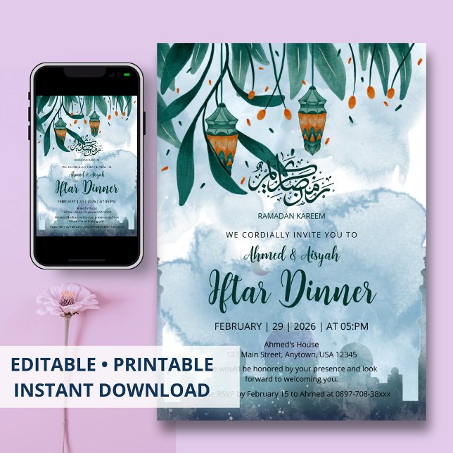 Convite Watercolor Blue Mosque & Lanterns Iftar Dinner (Criador carregado)