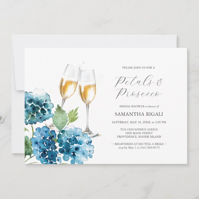 Convite Watercolor Blue Petals & Prosecco Bridal Shower (Frente)