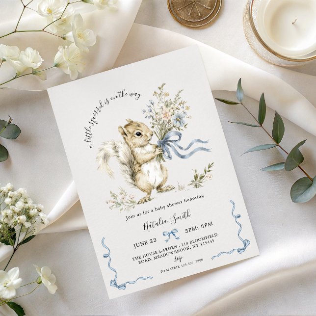 Convite Watercolor Blue Ribbon Squirrel Baby Shower  (Criador carregado)