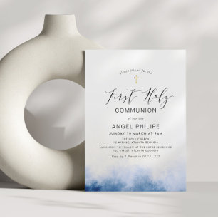 Convite watercolor blue script first sagrado communion