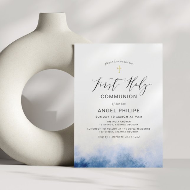 Convite watercolor blue script first sagrado communion (Criador carregado)
