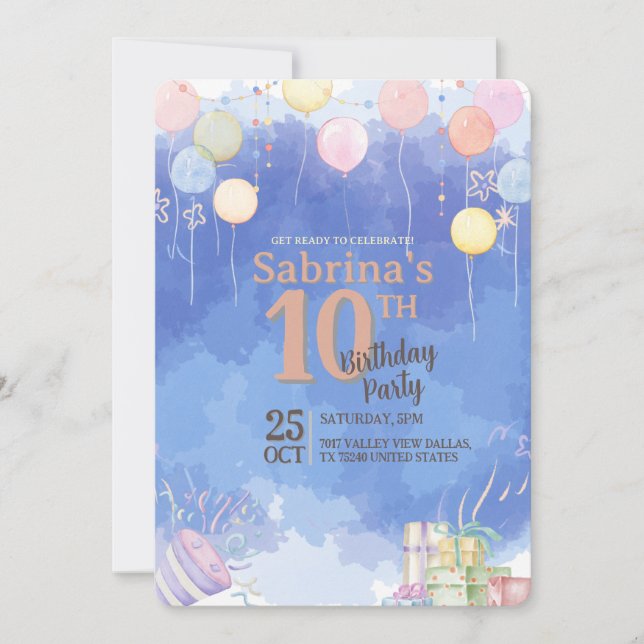 Convite Watercolor Blue Sky Balloon Birthday Invitation (Frente)