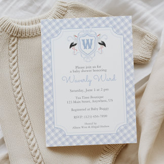 Convite Watercolor Blue Stork Monogram Crest Baby Shower
