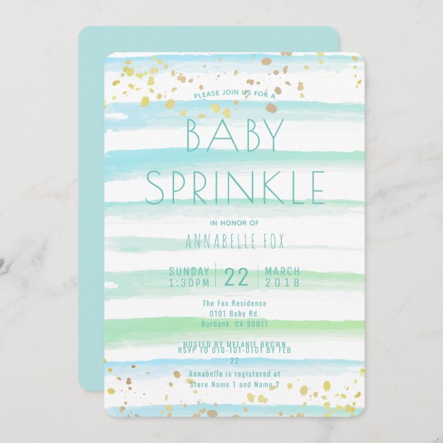 Convite Watercolor Blue Stripes Baby Sprinkle Invent (Frente/Verso)