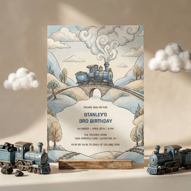 Convite Watercolor Blue Train Travel Boys Birthday Party (Blue Vintage Train Watercolor Boys Birthday Party Invitation)