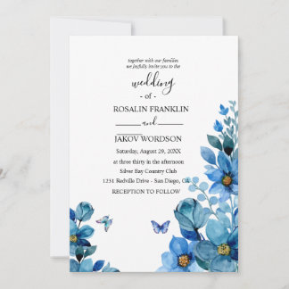 Convite watercolor blue wedding Invitation