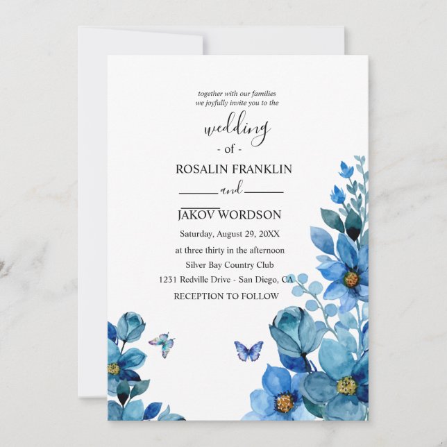 Convite watercolor blue wedding Invitation (Frente)