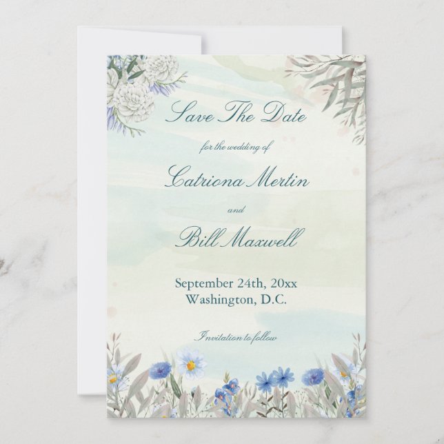 Convite Watercolor Blue Wildflower Save The Date Card (Frente)