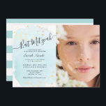 Convite Watercolor Blue x Dourado Bat Mitzvah<br><div class="desc">Este na moda e elegante convite para fotos do Bat Mitzvah apresenta um fundo azul turquesa em aquarela com falsa dourada e a inscrição em preto. O verso apresenta um fundo branco com listras azuis turquesas. Personalize-o para as suas necessidades. Você pode encontrar produtos correspondentes na minha loja.</div>