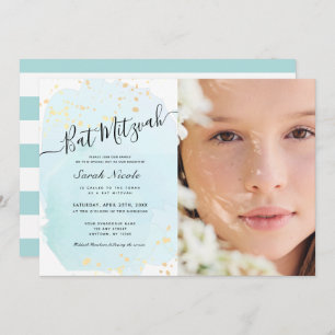 Convite Watercolor Blue x Dourado Bat Mitzvah