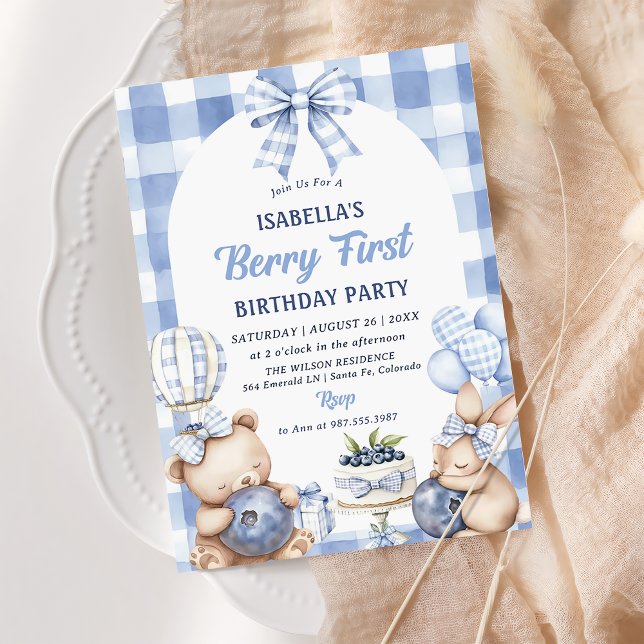 Convite Watercolor Blueberry 1st Birthday Party (Criador carregado)