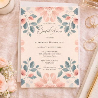 Convite Watercolor Blush and Green Floral Bridal Shower 