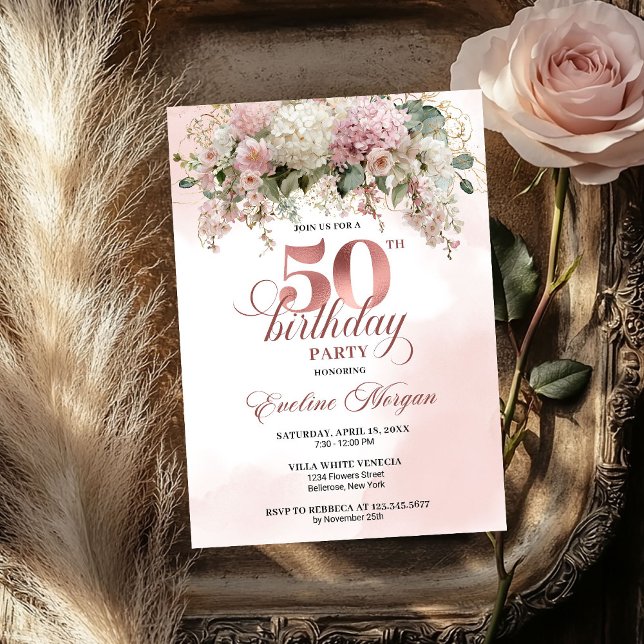 Convite Watercolor Blush Bouquet Gold Greenery 50 Birthday (Watercolor Blush Bouquet Gold Greenery 50th Birthday)